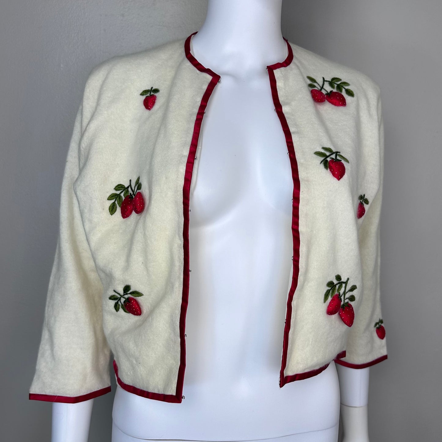1960s Cardigan Sweater with 3D Strawberries, Doncaster Size Medium