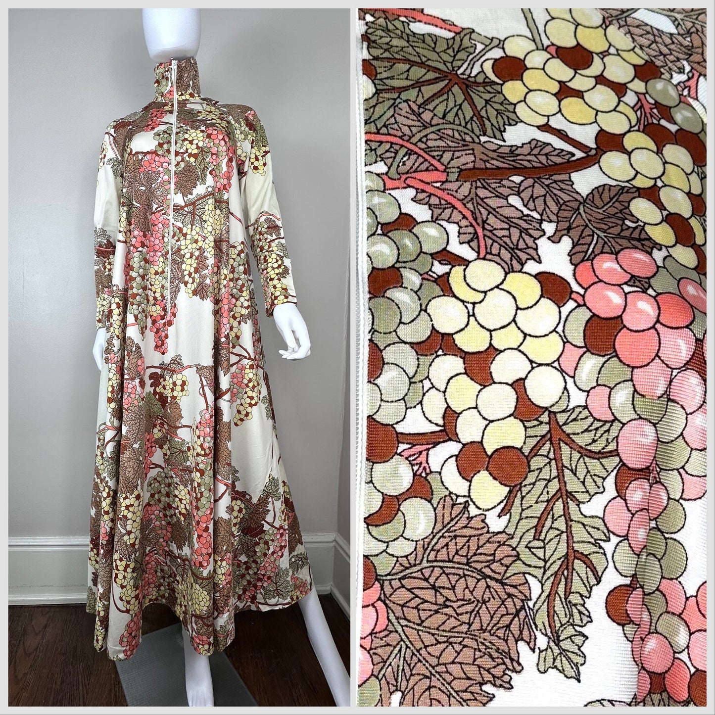 1970s Grape Print Loungewear Dress, Royal Robes Size S-M, Zip Front