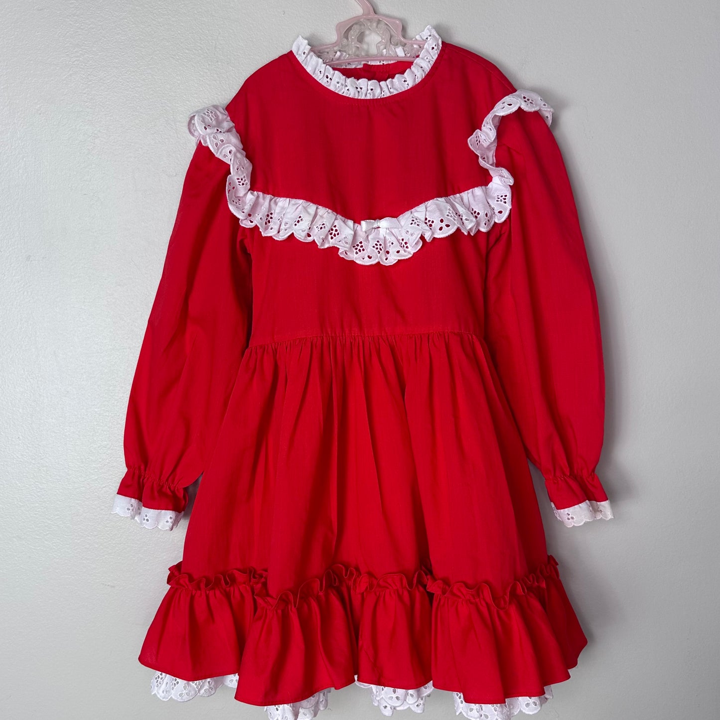 1980s Red Frilly Dress with White Eyelet Trim, Kandy Ann Size 6X