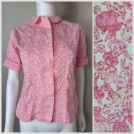 1960s Pink Floral Blouse with Pintucks, The Country Shirt Size Medium