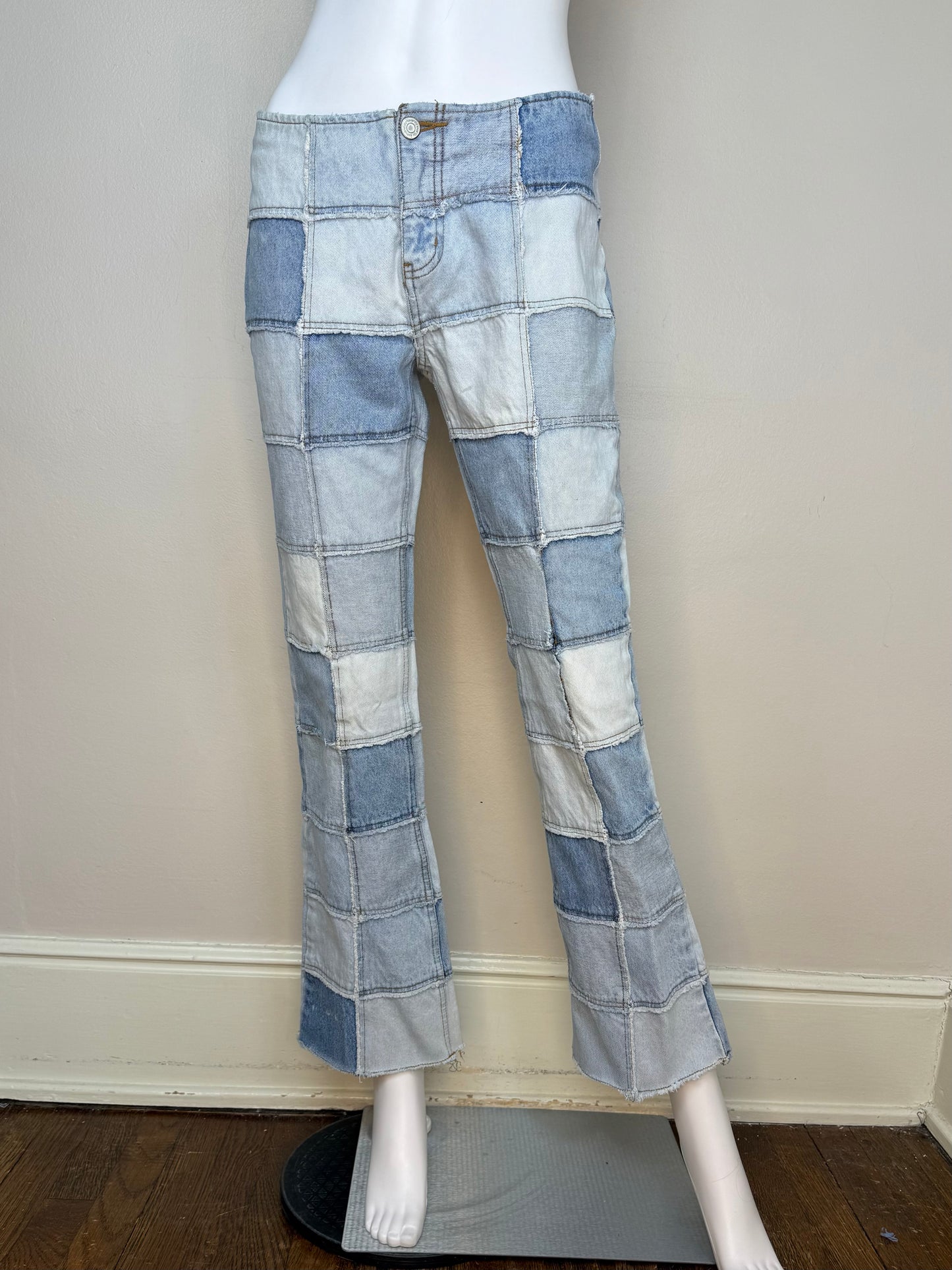 Y2K Denim Patchwork Blue Jeans, No Boundaries Size Small, Low Rise, Flare Leg