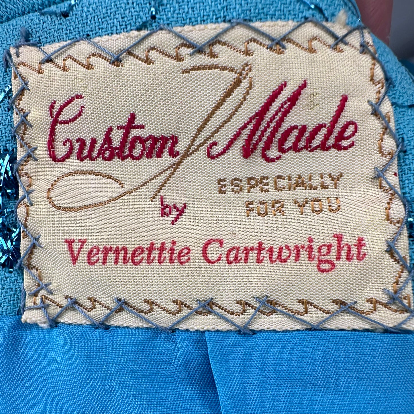 1960s Aqua Blue Suit with Metallic Embroidery, Dress and Jacket, Handmade Size XL