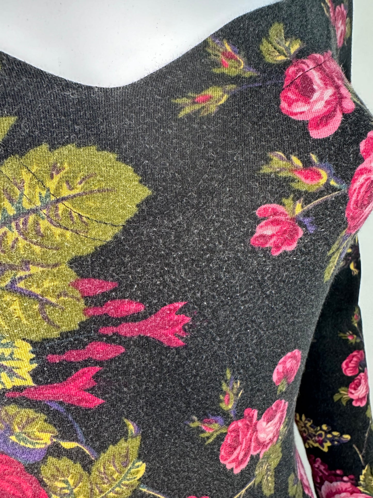 1990s Black Floral Knit Maxi Dress, Betsey Johnson Size Small, Sweetheart Neckline, Drop Waist