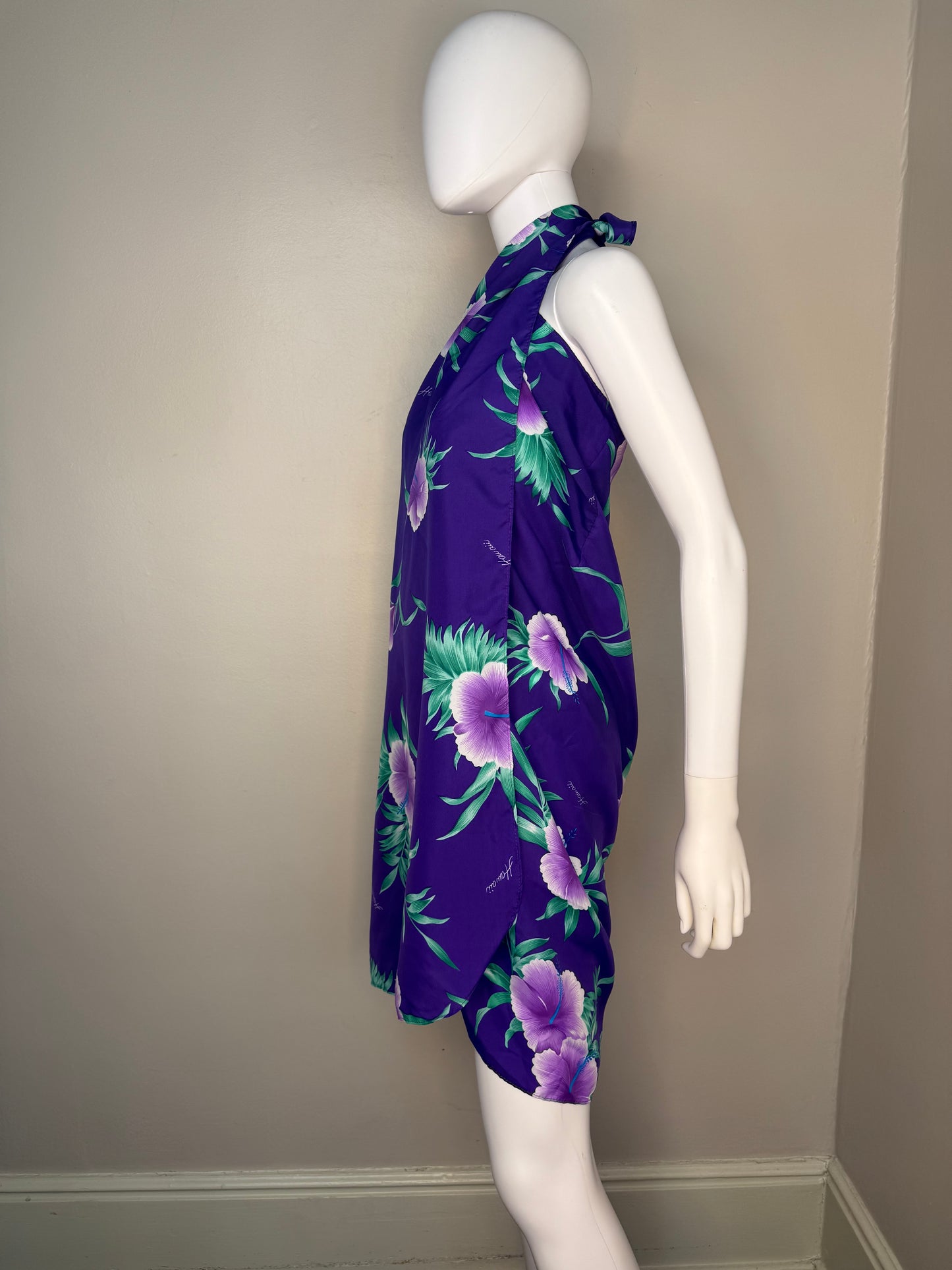 1980s Hawaiian Halter Wrap Dress, Sarong Skirt, Helena’s Hawaii, Tropical Purple Floral
