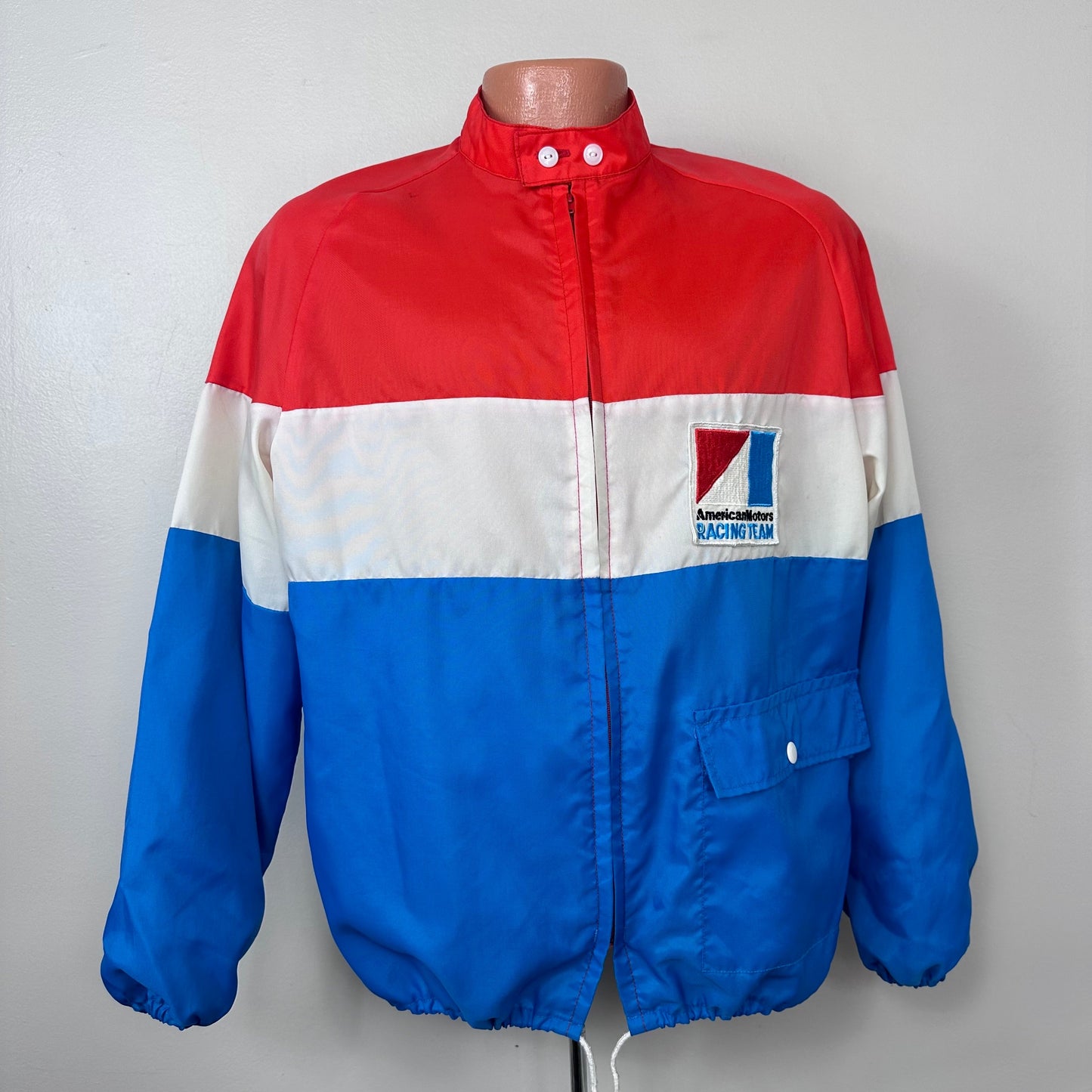 1970s American Motors Racing Team Jacket, Size L/XL, Red White and Blue Colorblock Nylon Windbreaker