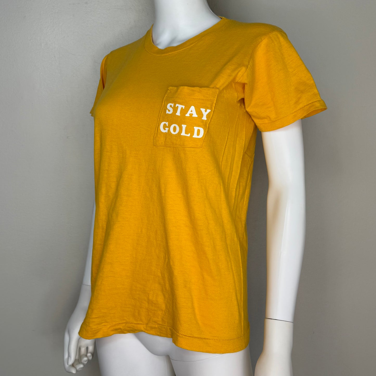 1970s Stay Gold Mustard Yellow T-Shirt, Size Small, Pocket Tee