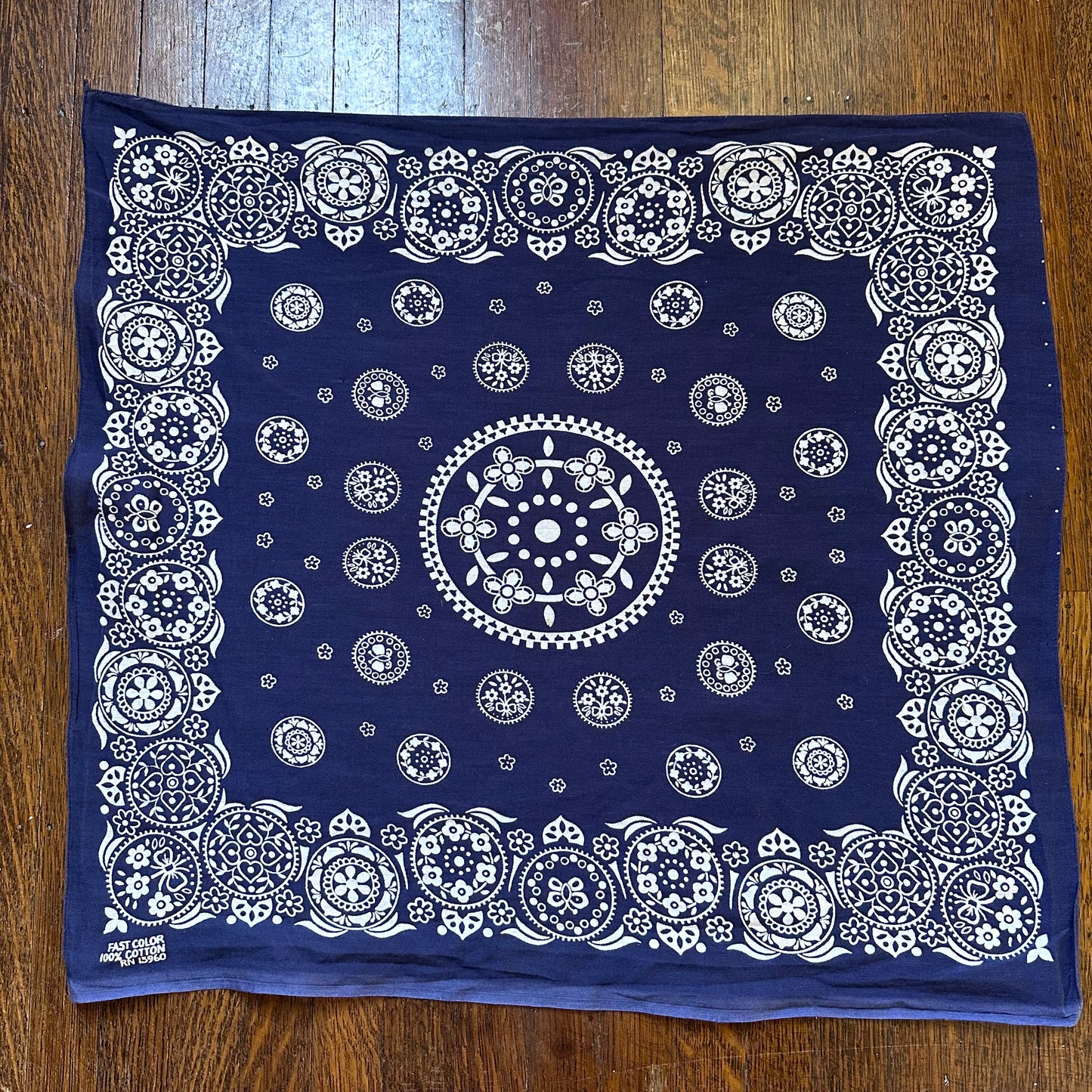 1950s/60s Indigo Bandana, RN 13960, 21.75" x 20.75", Blue Floral Butterflies Hearts Bows, Selvage Edge