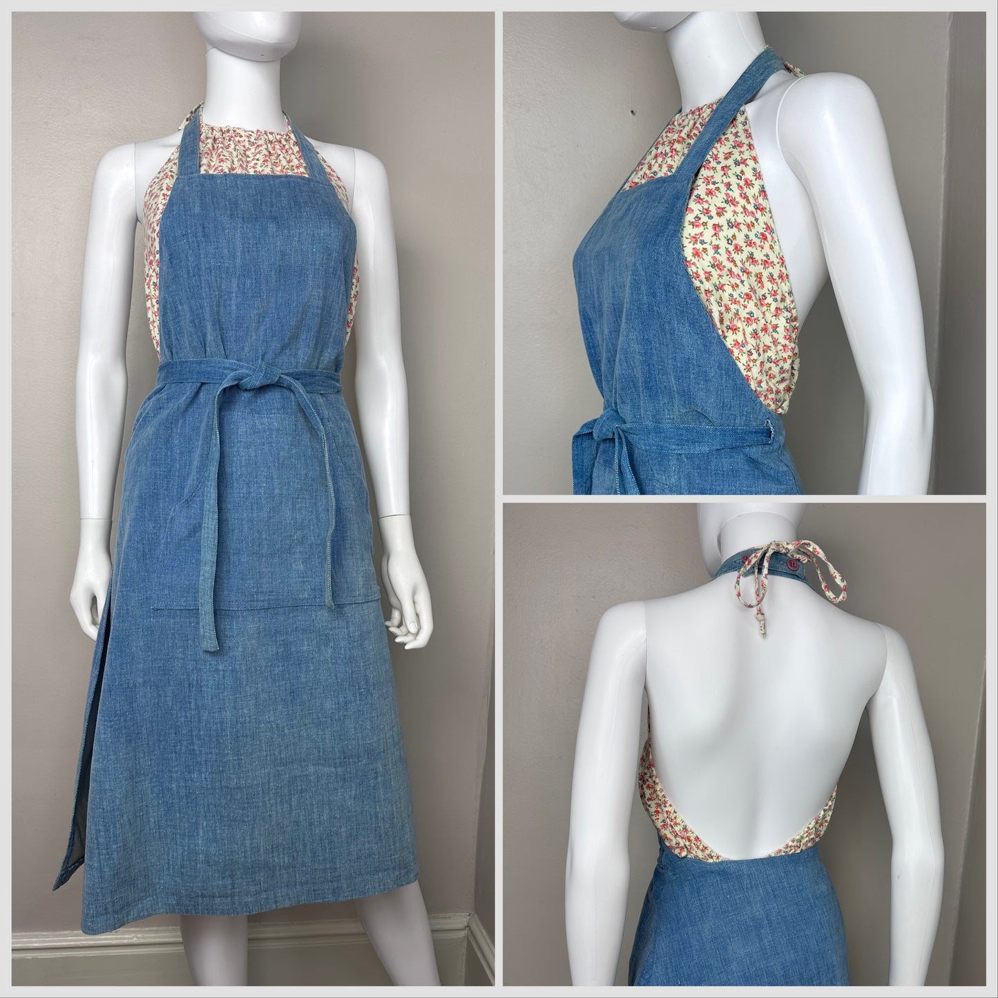 1970s Denim Halter Jumper Wrap Dress, Glenora Jrs Size Medium-Large