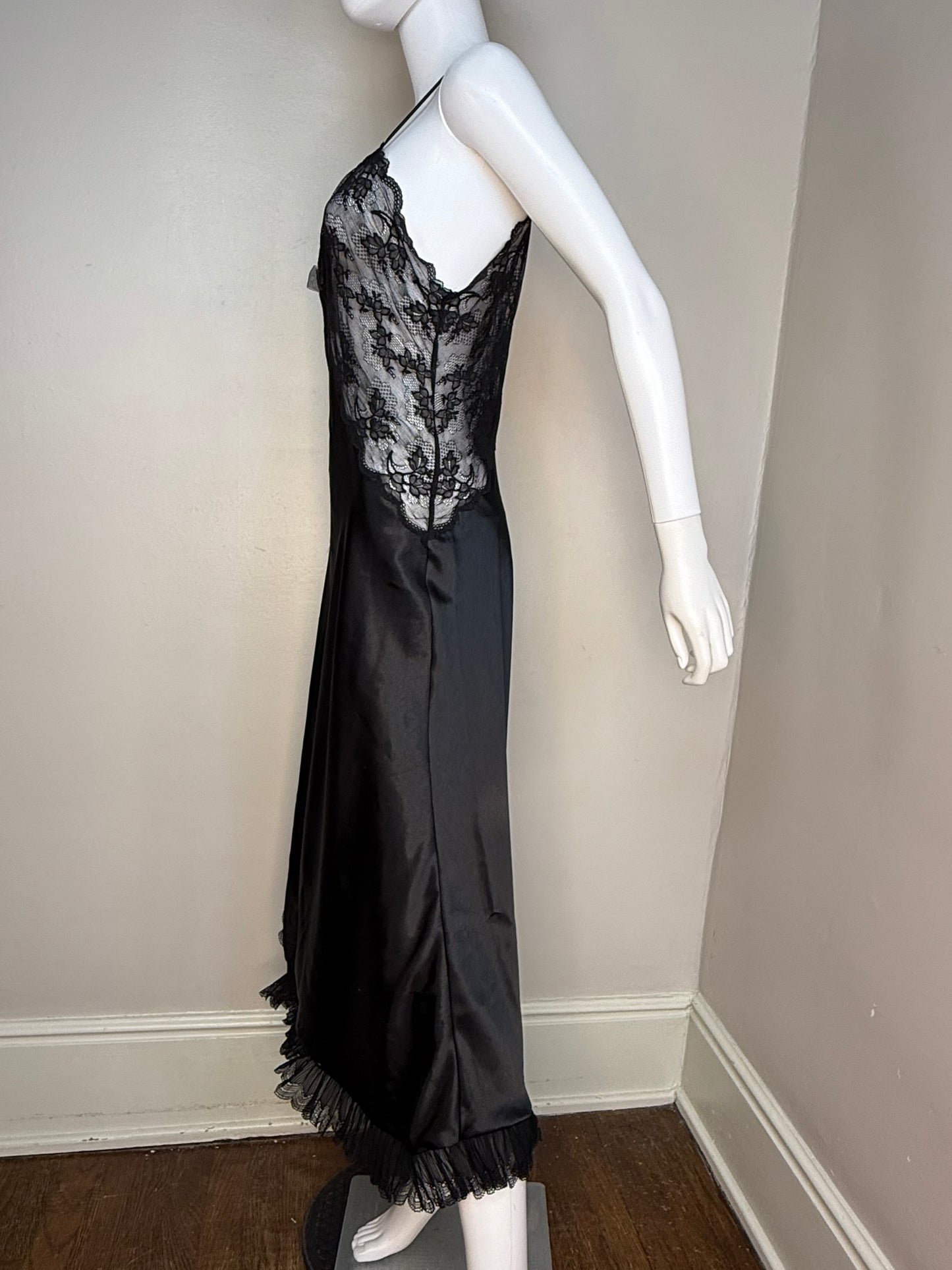 1980s Christian Dior Lingerie Peignoir Set, Nightgown and Robe, Black Satin and Lace, Size Medium