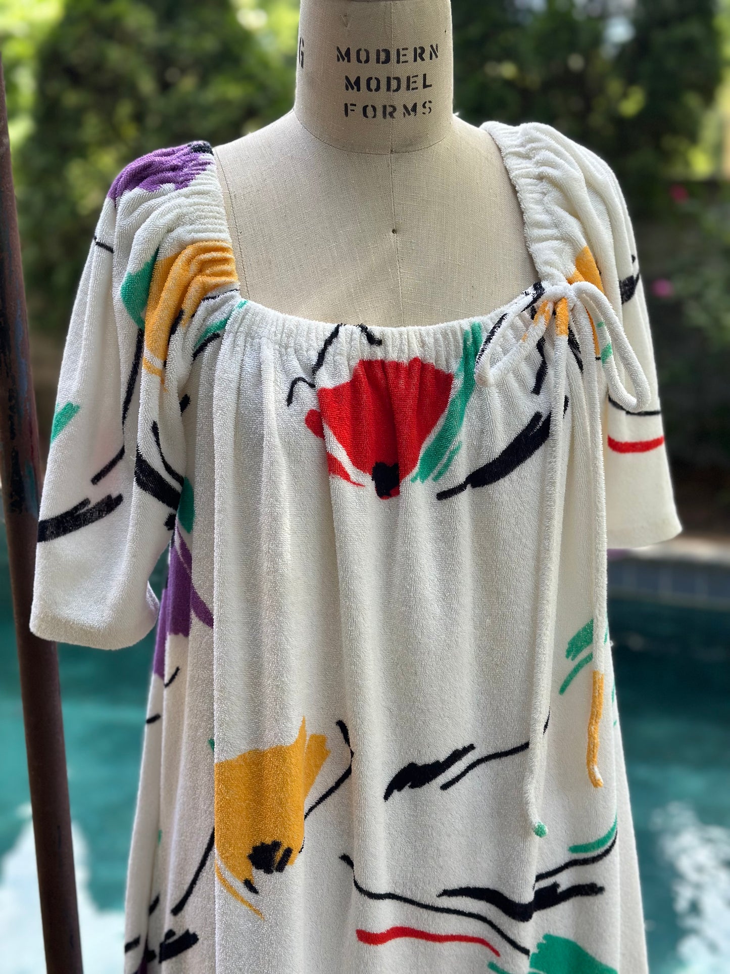 1970s Floral Terrycloth Beach Maxi Dress, Lucie Ann Beverly Hills Size Medium, Cover-Up