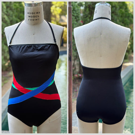 1970s/80s Women’s Black Swimsuit, Beach Party Size XS, One Piece Halter