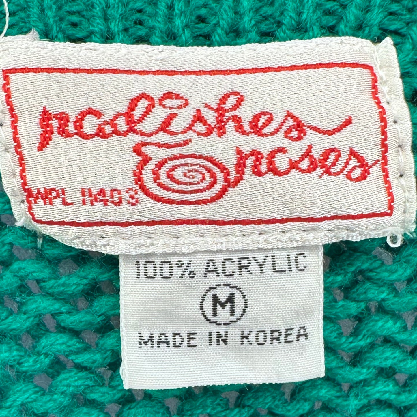 1980s Green Sweater with Panda Bear Patch, Radishes and Roses Size Medium