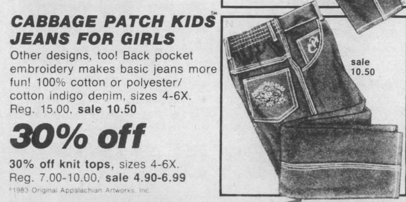 1980s Cabbage Patch Kids Blue Jeans, Embroidered Pockets