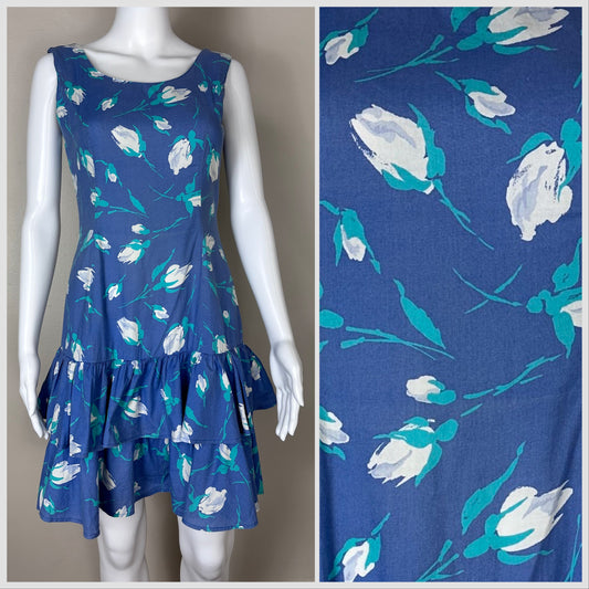 1980s Blue Floral Laura Ashley Dress, Size Small, Sleeveless Sundress, Ruffle Skirt