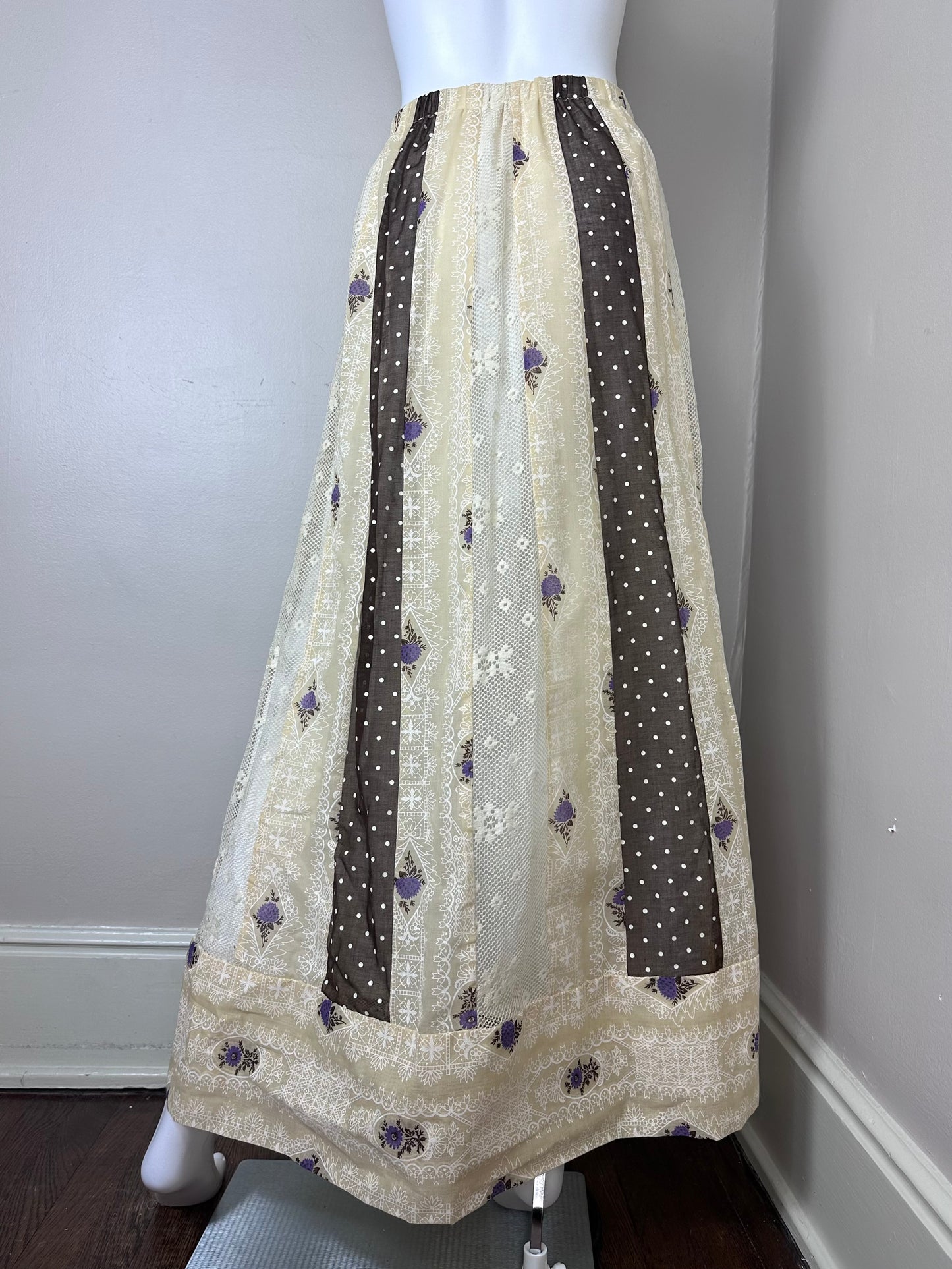 1970s Chessa Davis Maxi Skirt, Size XS-Small, Brown and Cream Patchwork, Polka Dots and Florals