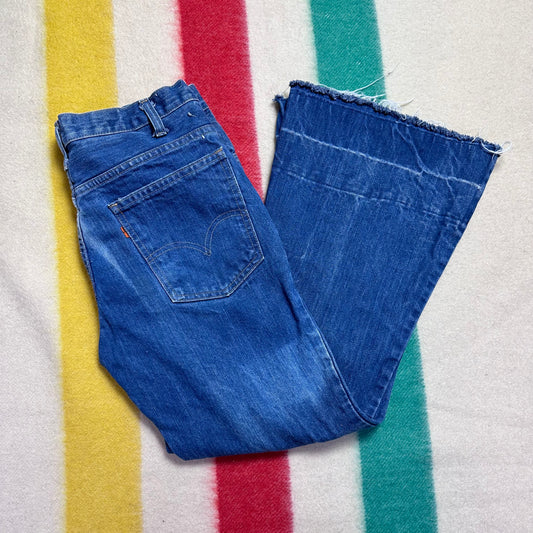 1970s Levi’s 684 Blue Jeans Bell Bottoms, 32"x28.5", Sun Faded, Orange Tab