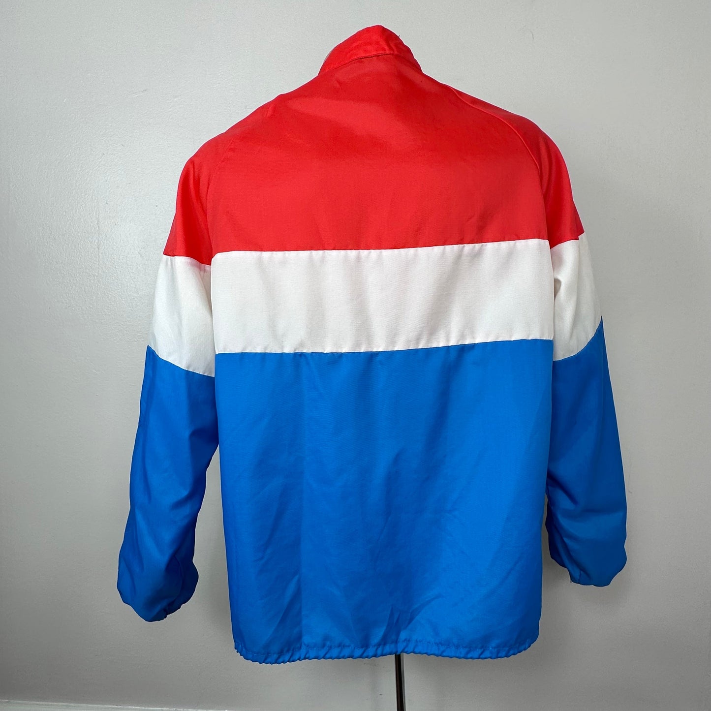 1970s American Motors Racing Team Jacket, Size L/XL, Red White and Blue Colorblock Nylon Windbreaker