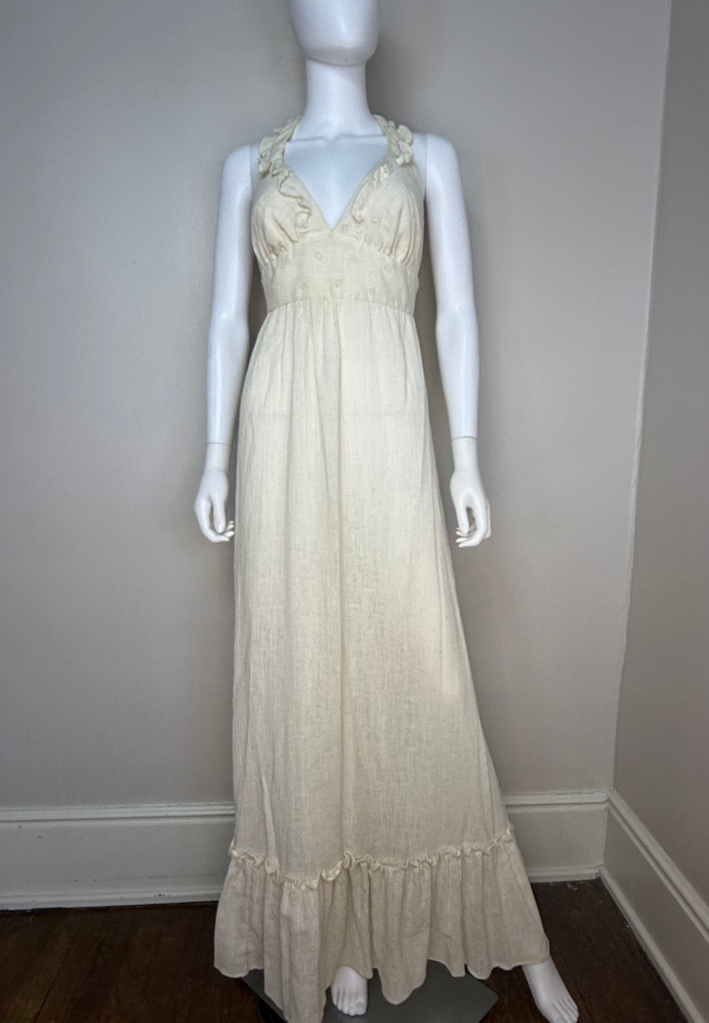 1970s Cream Gauze Halter Maxi Dress, Daffy California Size S/M, Casual Corner, New with Tag