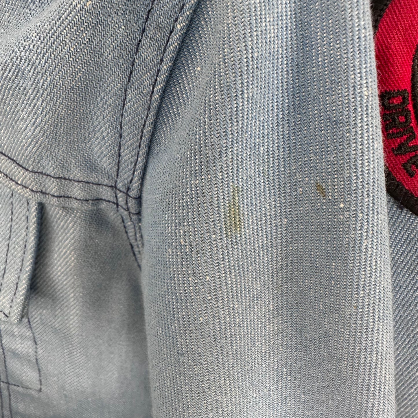 1970s Light Blue Denim Jacket with lots of added Patches, Youth XL/Adult S