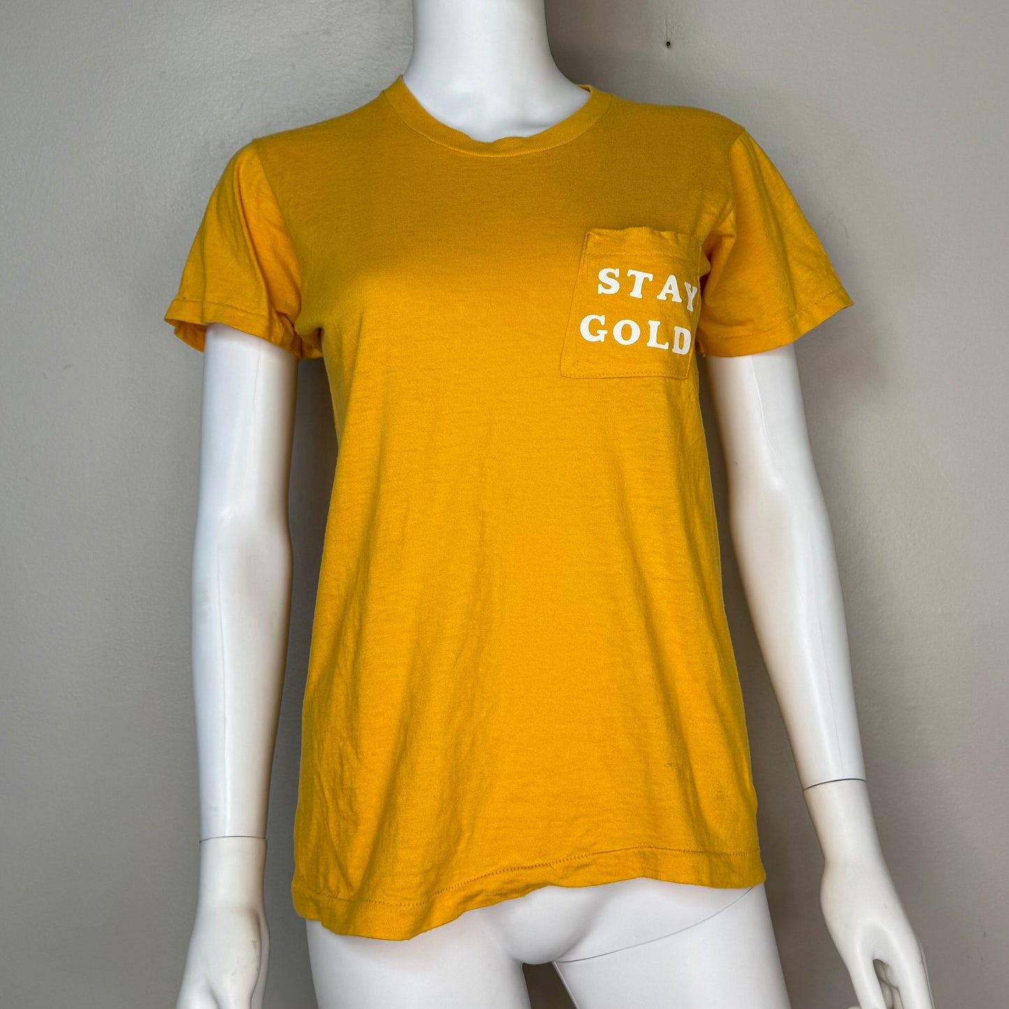 1970s Stay Gold Mustard Yellow T-Shirt, Size Small, Pocket Tee