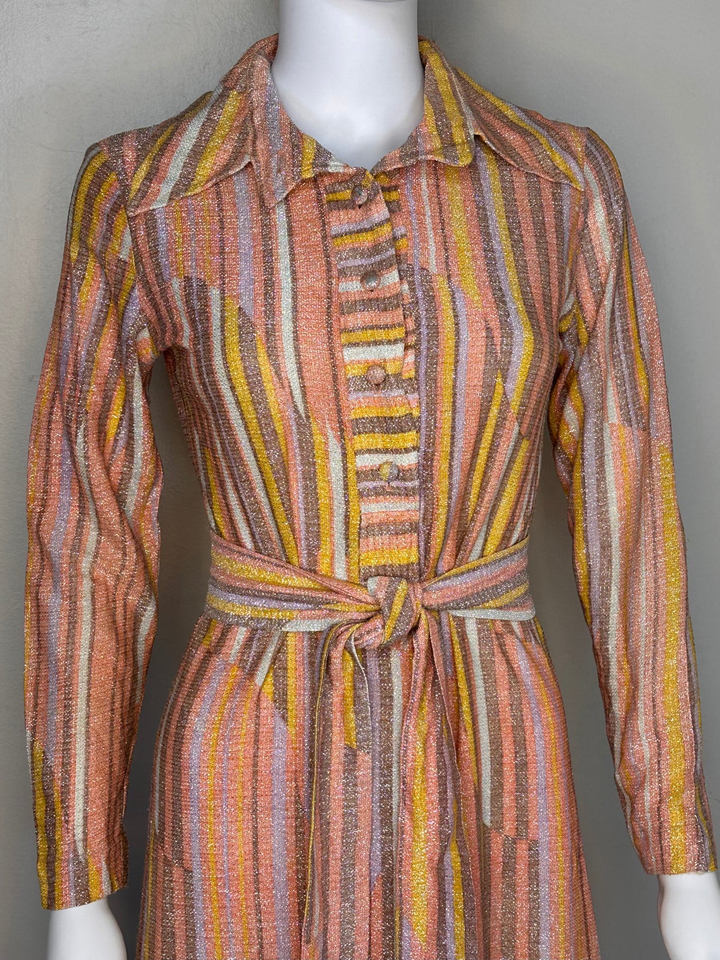 1960s/70s Abstract Pastel Lurex Stripe Maxi Dress, Avalon Classics Size Small