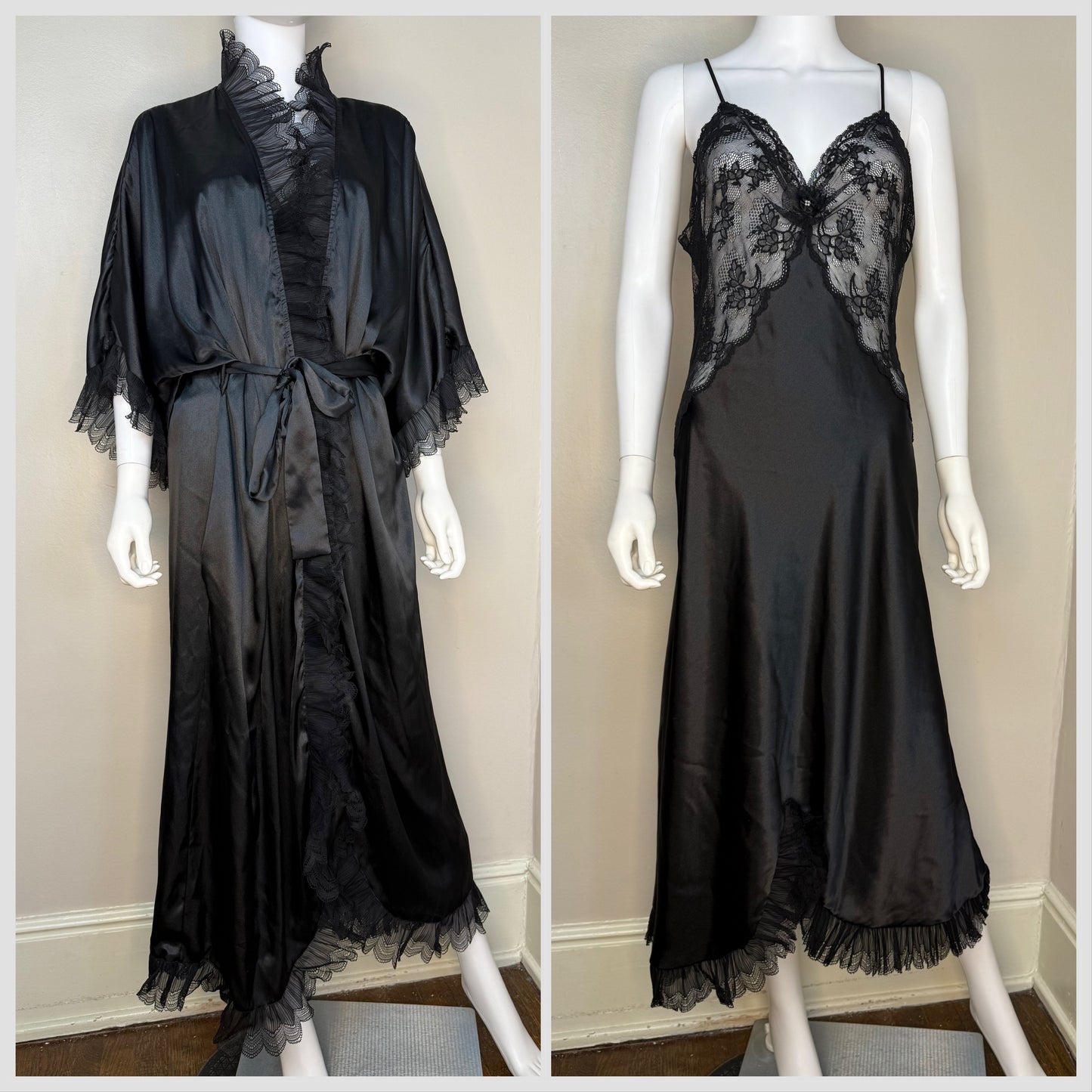 1980s Christian Dior Lingerie Peignoir Set, Nightgown and Robe, Black Satin and Lace, Size Medium