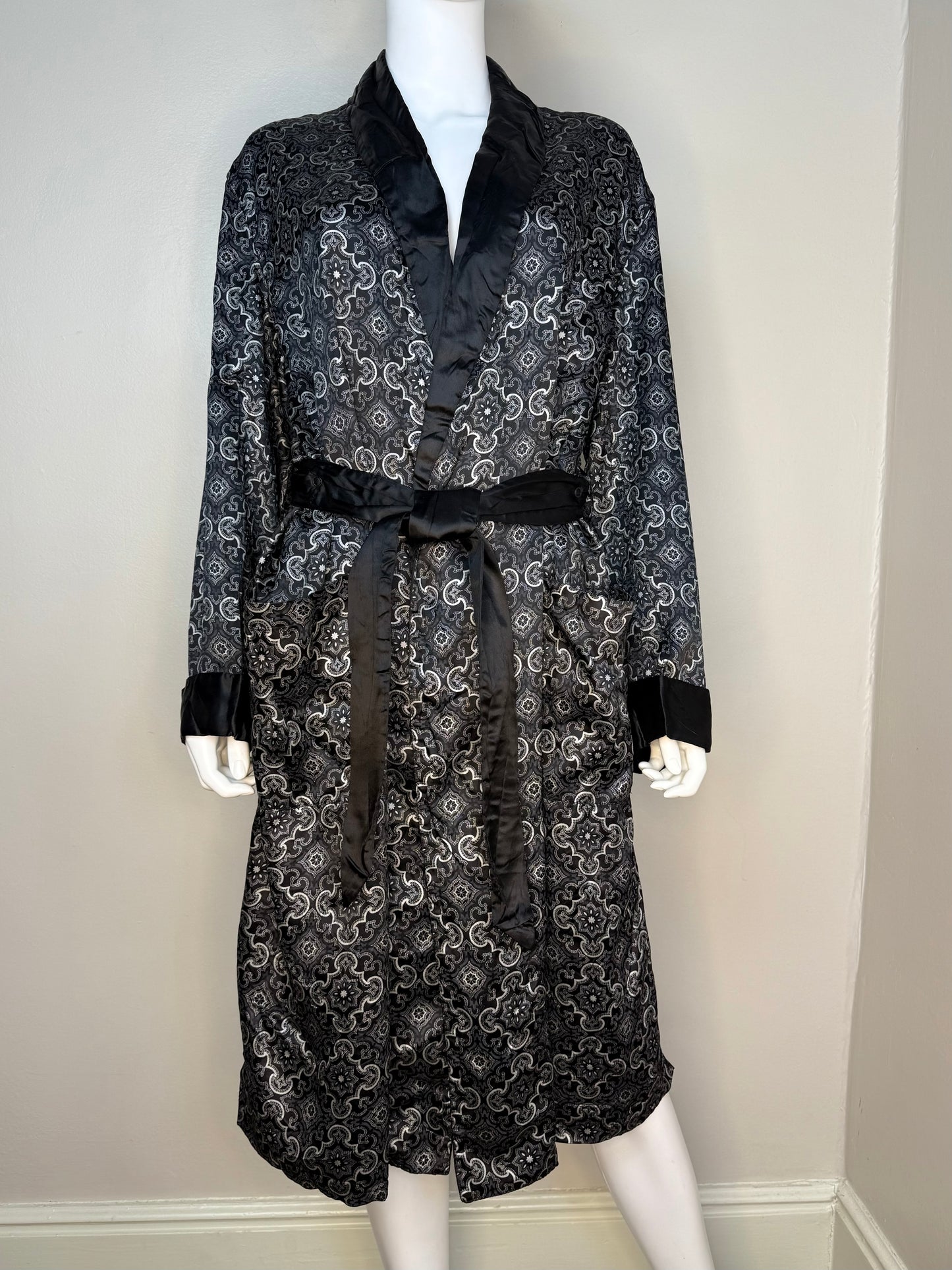 1960s Men’s Black Medallion Print Robe, Smoking Jacket, Sears Size Medium