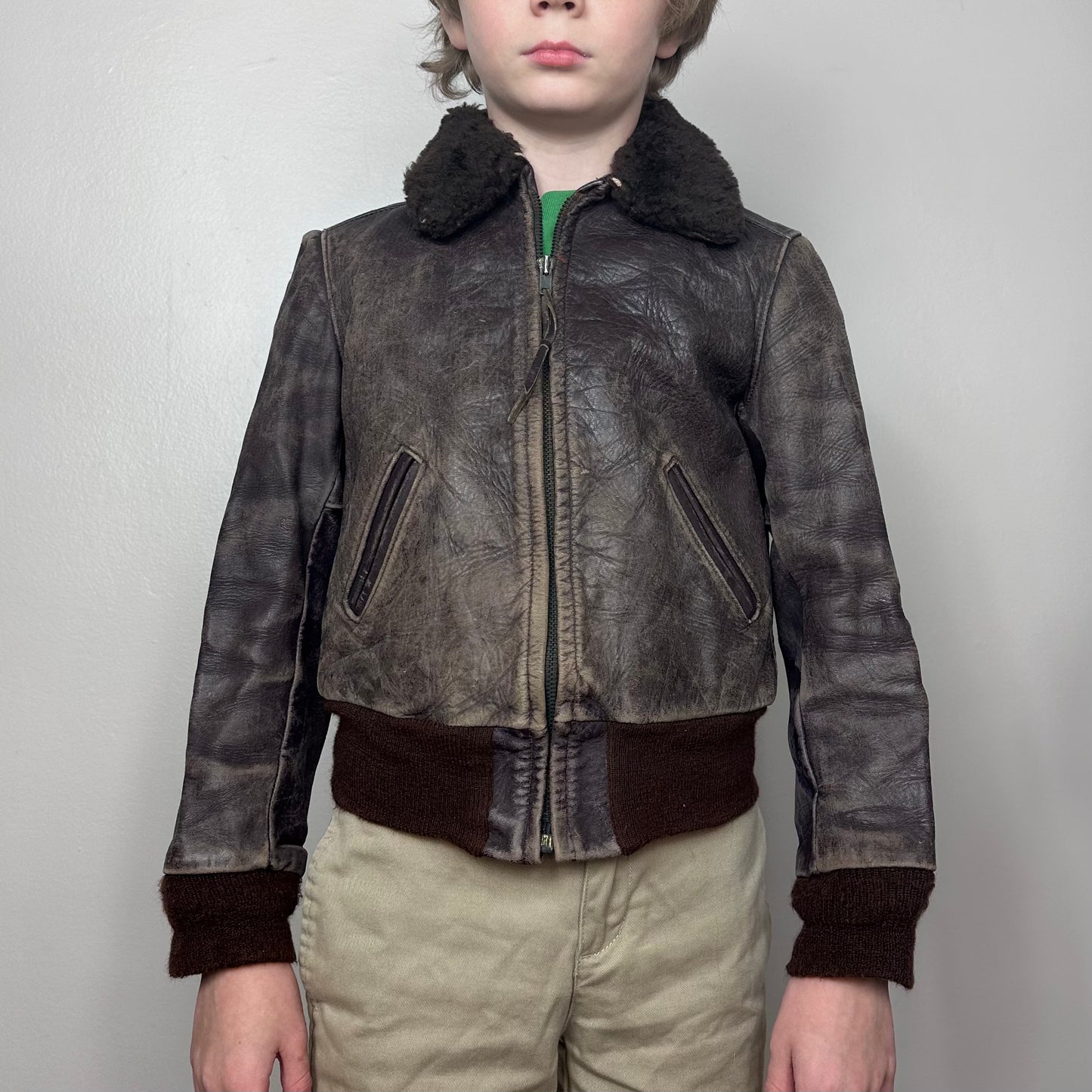 1950s Kids Leather Bomber Jacket, Californian Selected Horsehide, California Sportswear Co Size 8