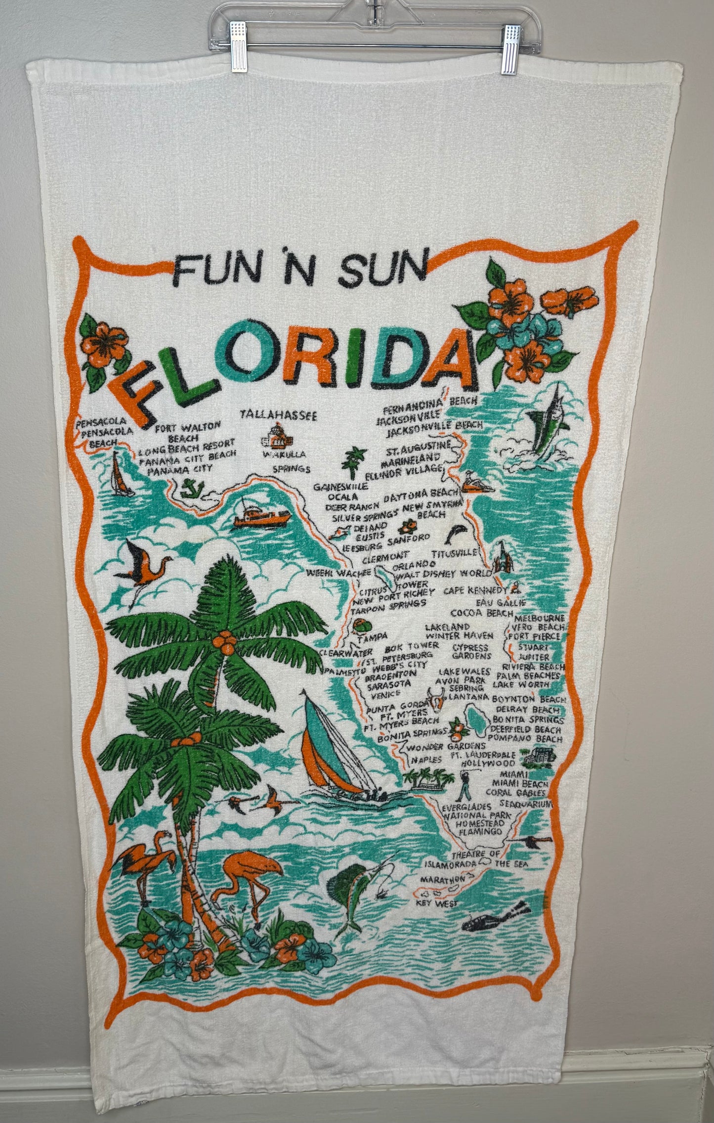 1970s Florida Beach Towel, Pool, Fun N Sun, Designed by Elaine, Goldfarb Fischer Novelty, State Map