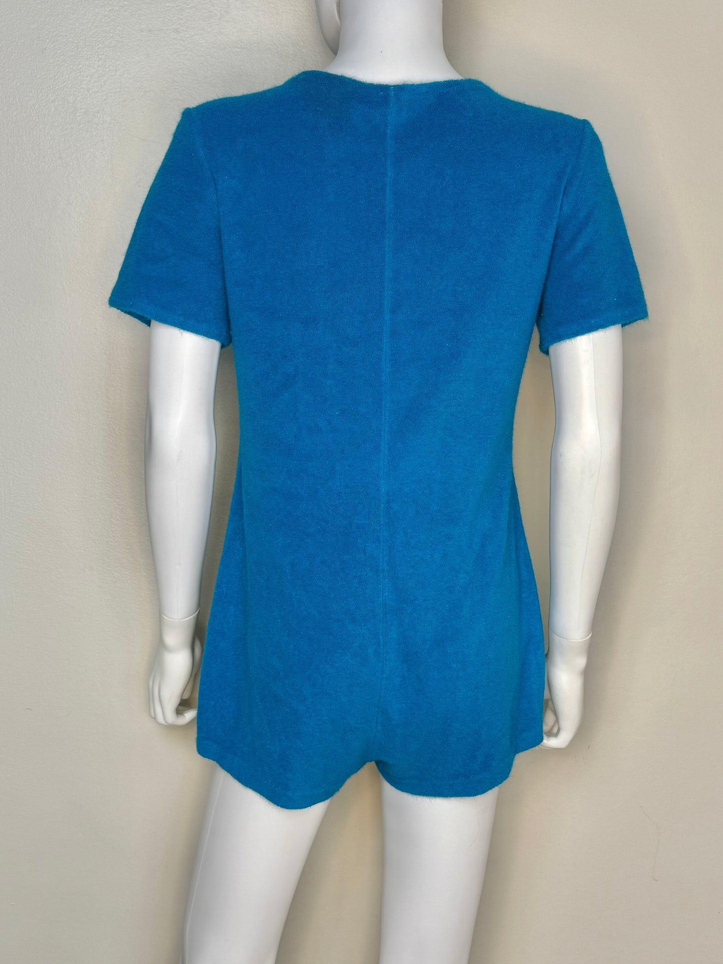 1960s Aqua Terrycloth Romper with Orange Floral Appliqué, Size Medium-Large, Zip Up Front