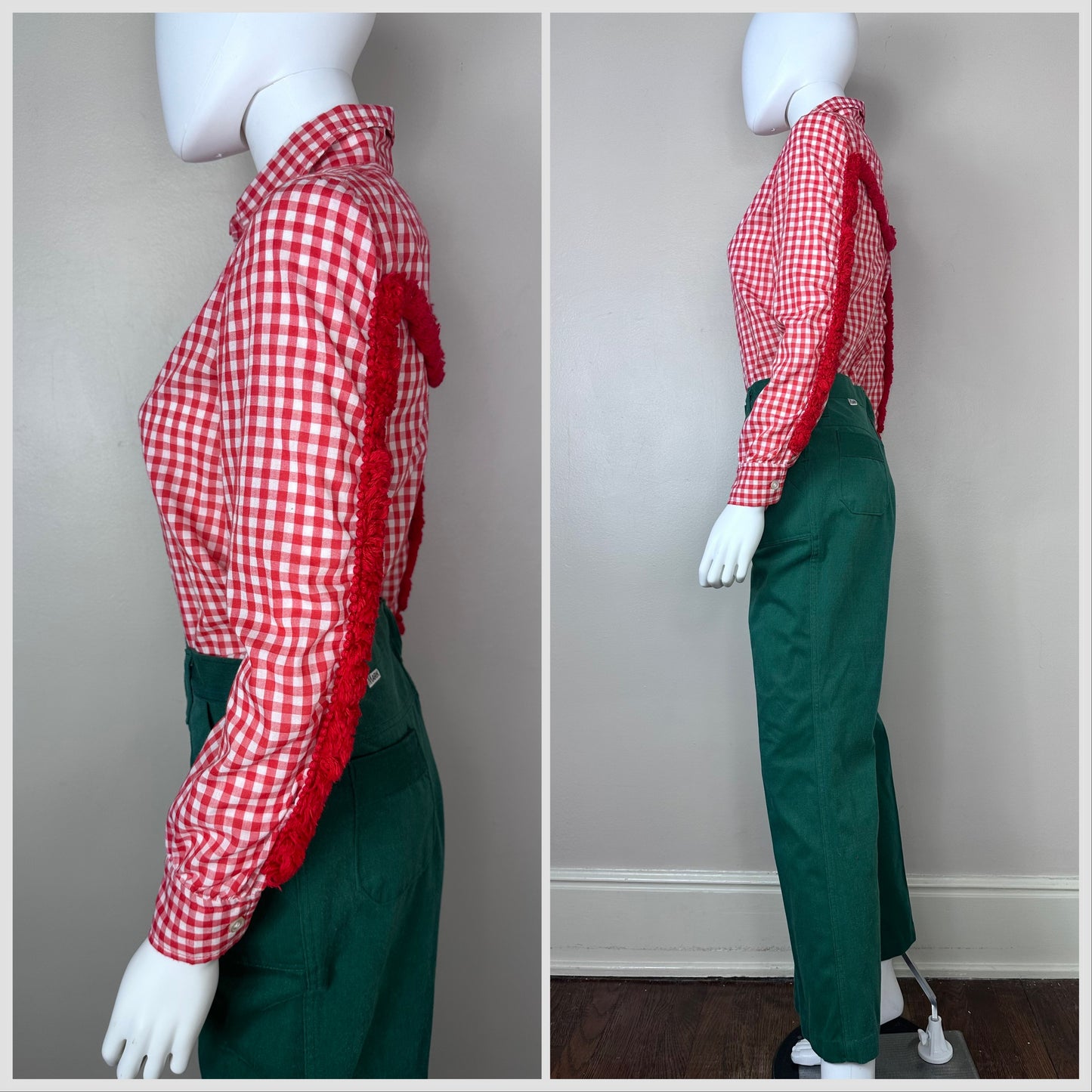 1970s Red Gingham Check Blouse with Fringe, Size Small, Western Shirt