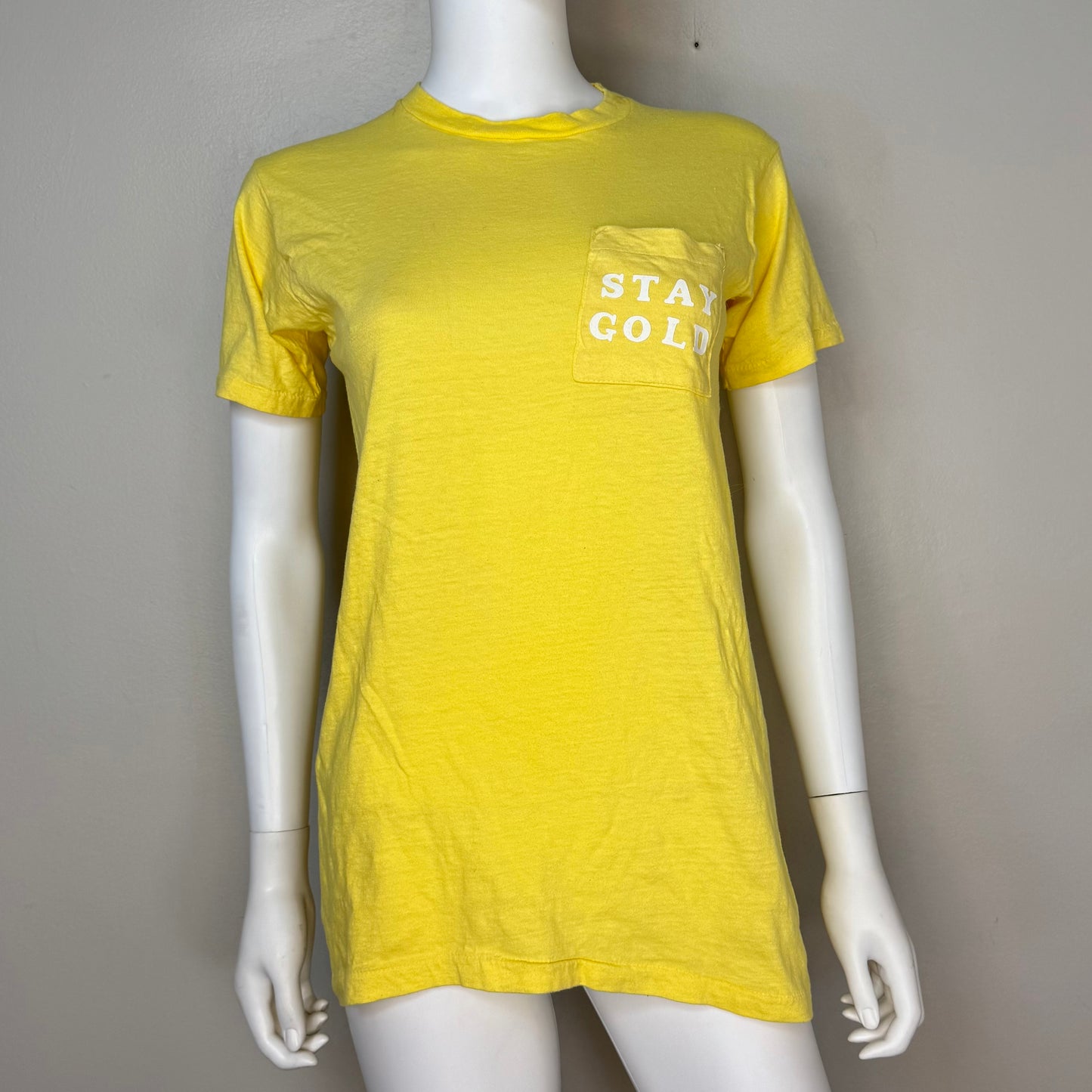 1970s Stay Gold Yellow T-Shirt, Fruit of the Loom Pocket Tee Size Small