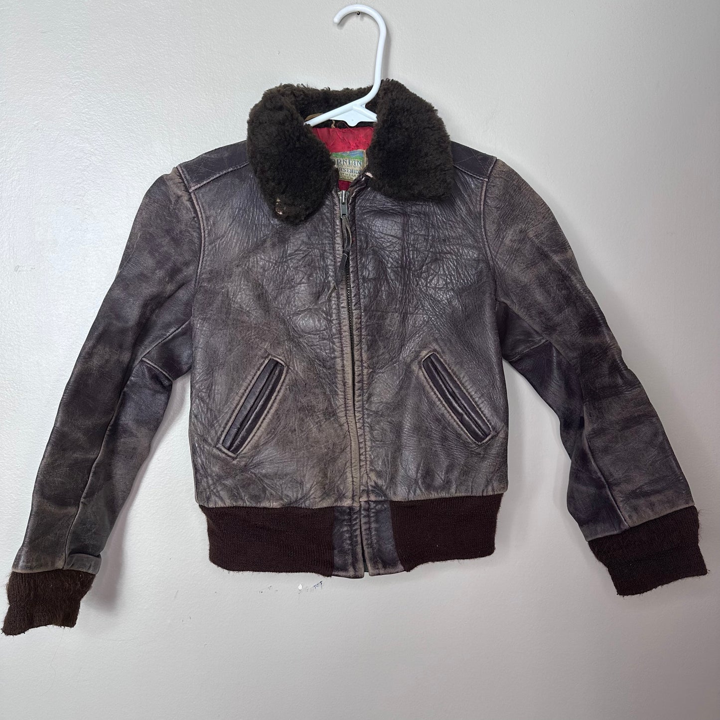 1950s Kids Leather Bomber Jacket, Californian Selected Horsehide, California Sportswear Co Size 8