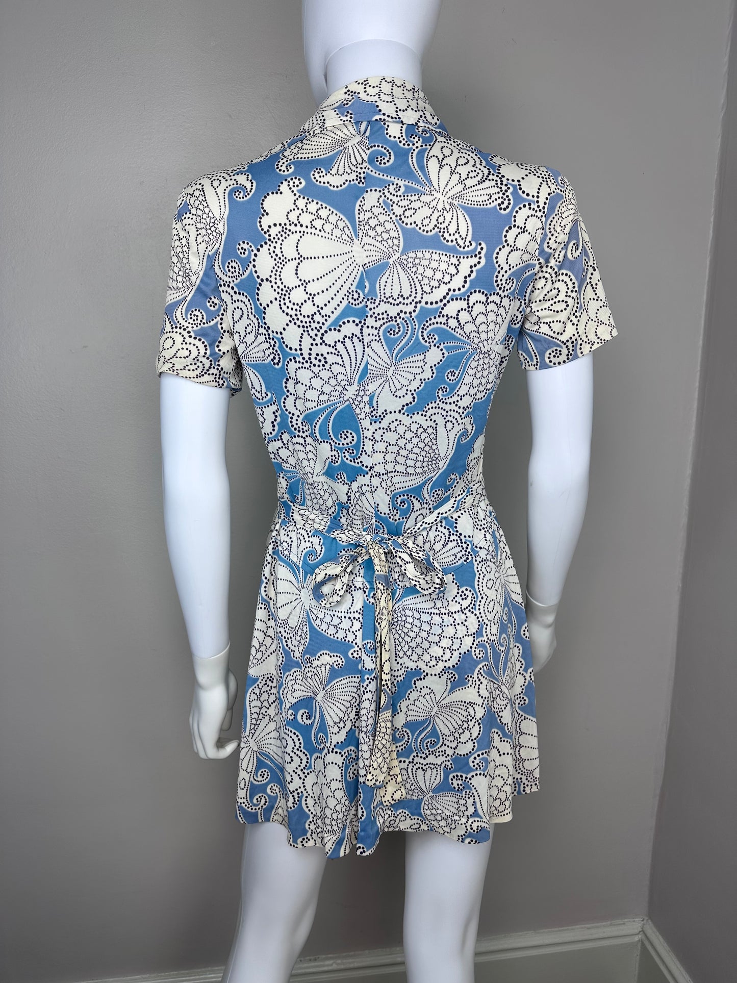 1970s Blue Butterfly Sizzler Set, Micro Mini Dress and Hot Pants Shorts, Teena Paige Fashions Size Small