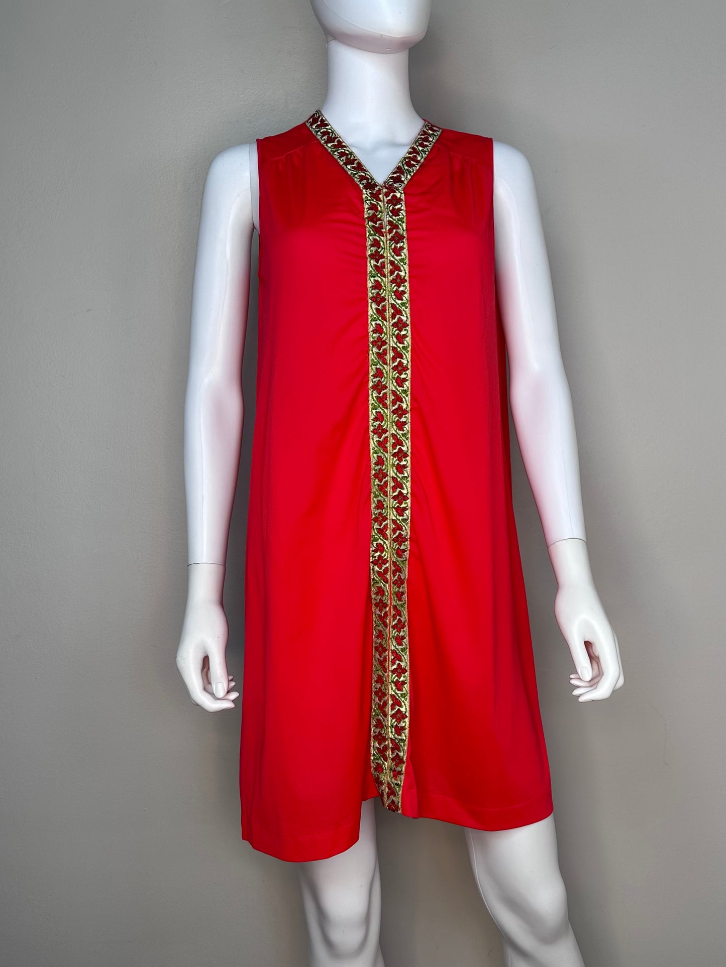 1970s Red Nightgown with Green and Red Floral Trim, Lorraine Size Small