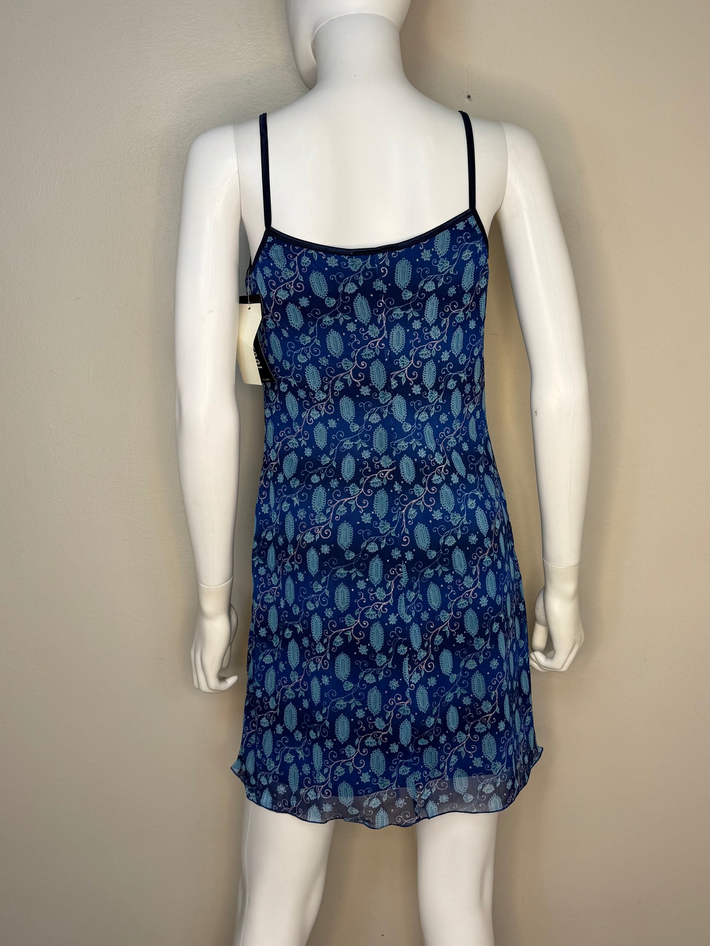 1990s/Y2K Blue Knit Mesh Sleeveless Mini Dress, Byer Too Size Small/Medium, Glitter Accents
