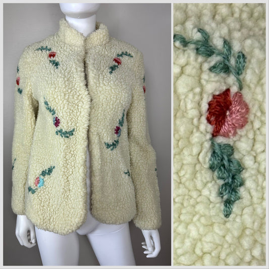 1970s Faux Sherpa Jacket with Floral Crewel Embroidery, Gerda Size XS
