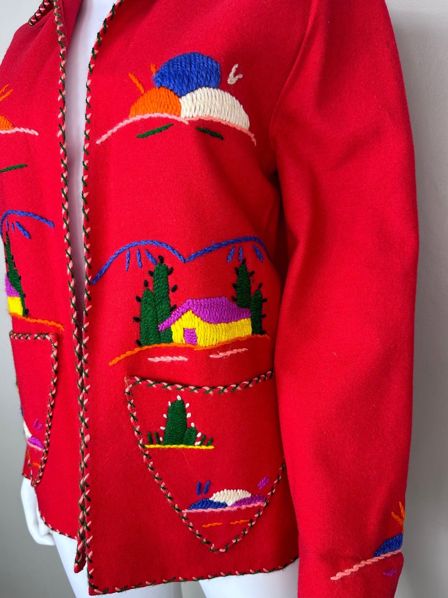1940s/50s Red Embroidered Mexican Tourist Jacket, Size Small