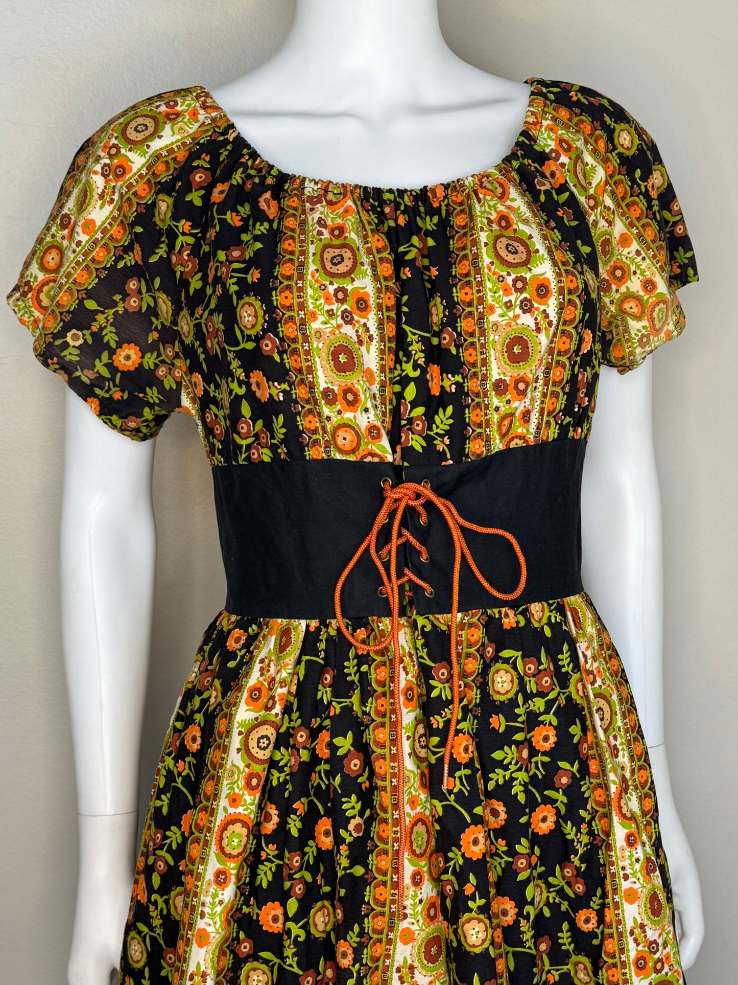 1960s Black and Orange Floral Peasant Dress with Corset Waist, Carol Brent Size Small-Medium, Montgomery Ward