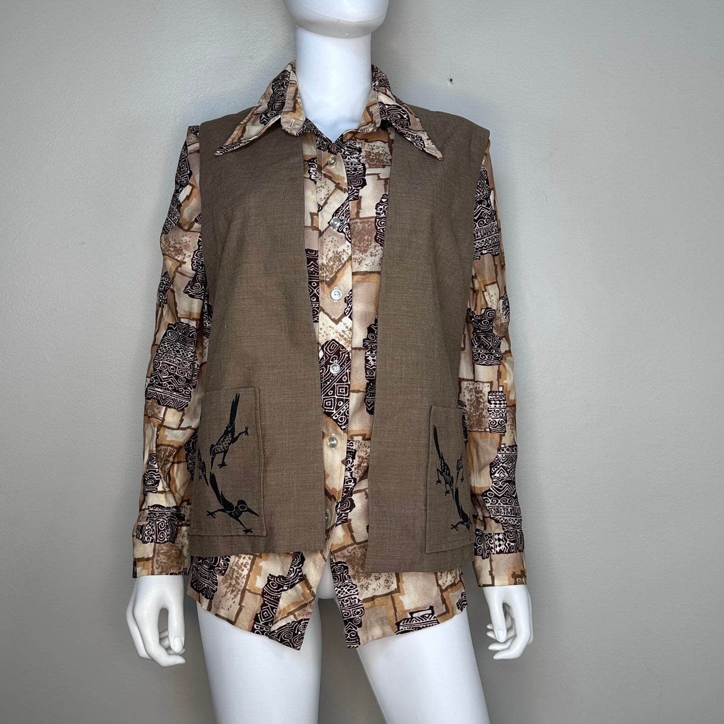 1970s Brown Abstract Print Shirt, Size XL, Tiki Style