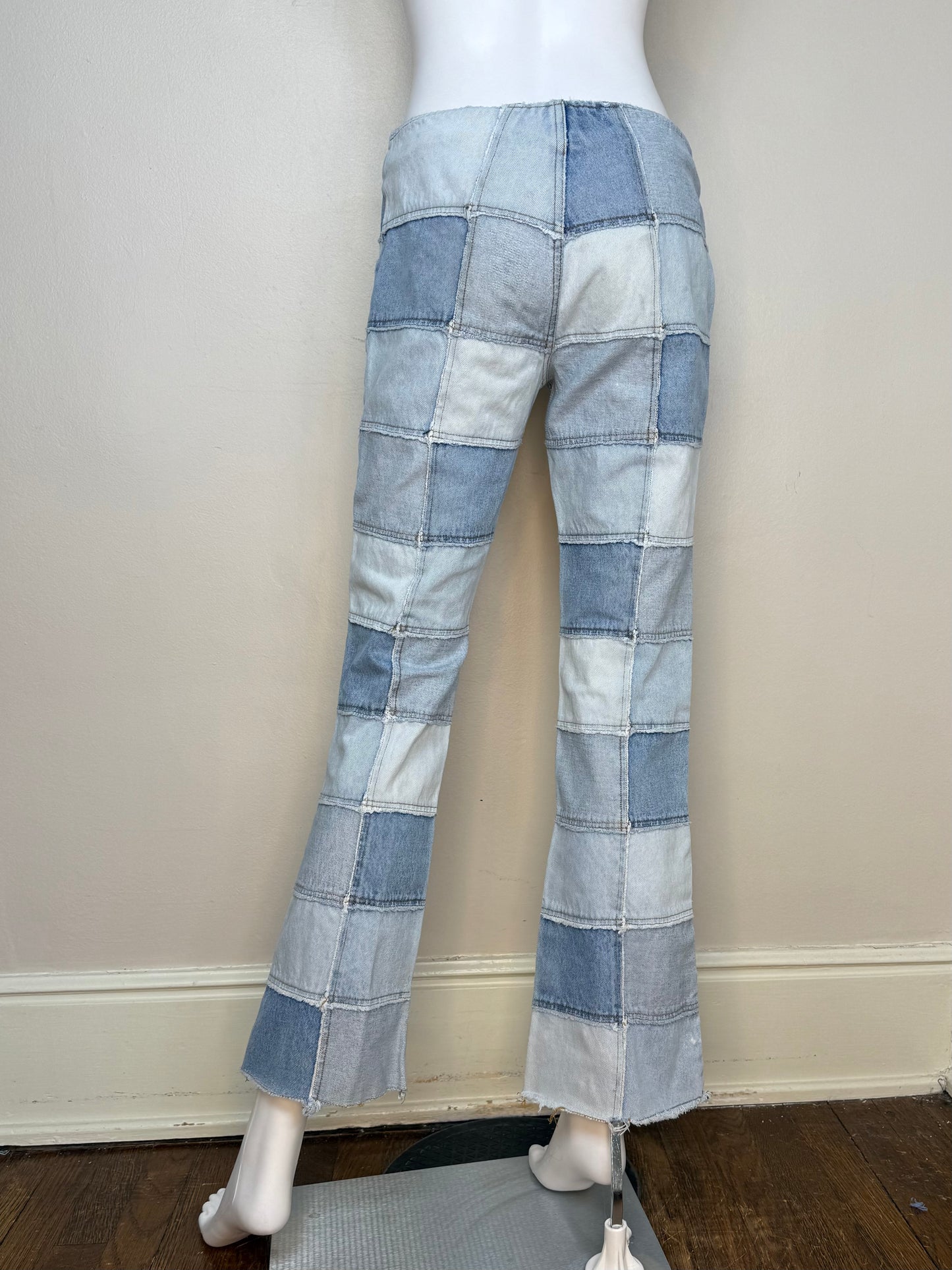 Y2K Denim Patchwork Blue Jeans, No Boundaries Size Small, Low Rise, Flare Leg