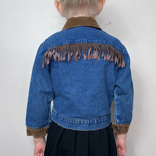 1990s Kids Blue Jean Jacket with Brown Fringe and Corduroy Trim, Liberty Additions Denim Size 4T