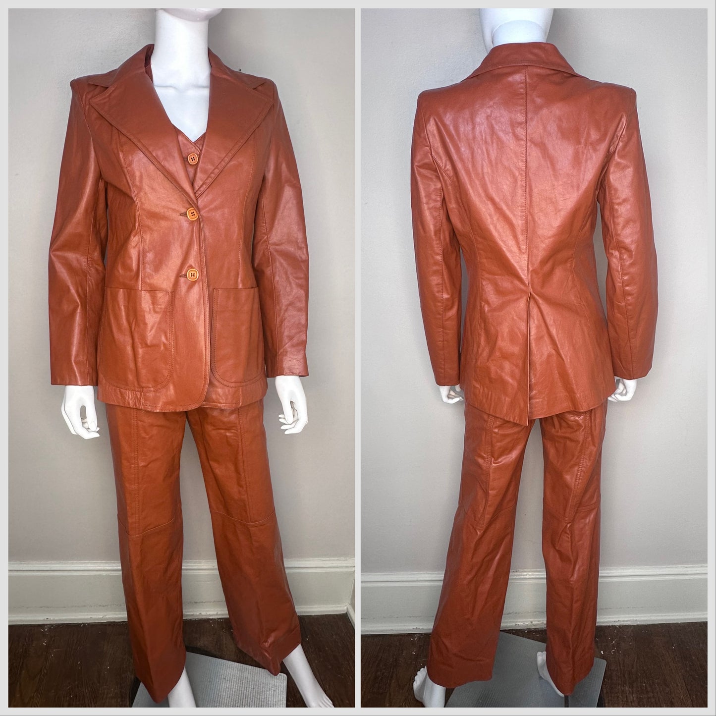 1970s Women’s Brown Leather Three Piece Pant Suit, Margaret Godfrey for Bagatelle Size XS, Blazer Vest Pants