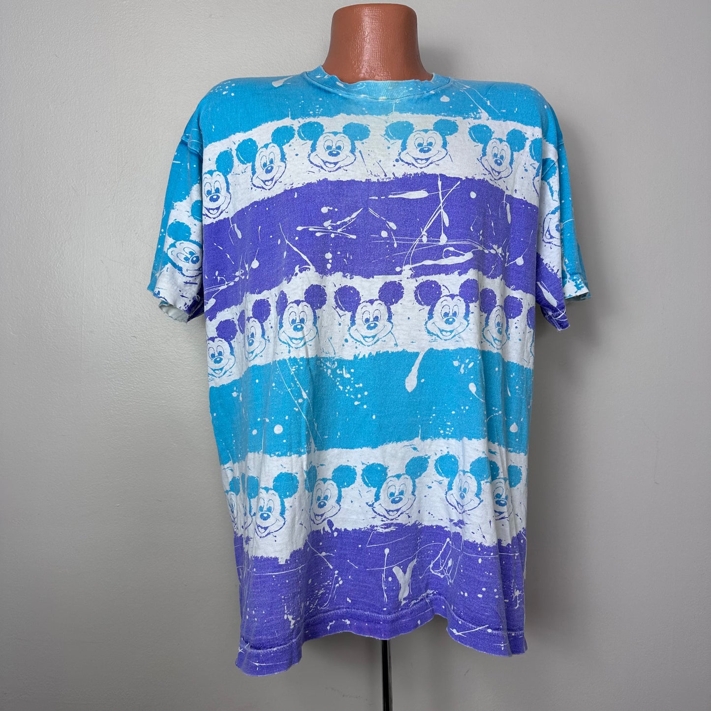 1980s/90s Mickey Mouse All Over Print T-Shirt, Stripe Splatter Paint, Walt Disney Character Fashions Size XL, Distressed
