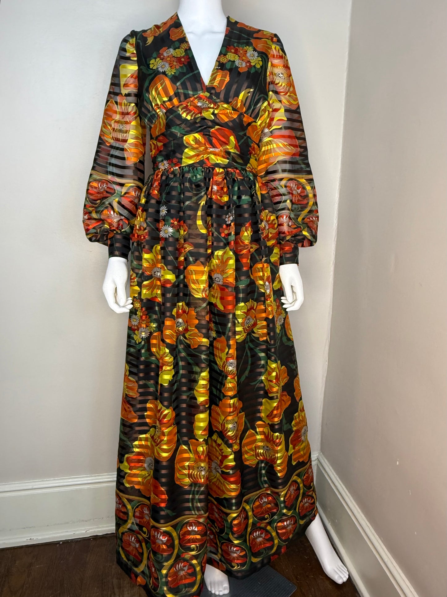 1970s Orange Floral Maxi Dress, Long Sleeve Formal, Balloon Sleeves, Morton Myles for Smith and Jones Size XS