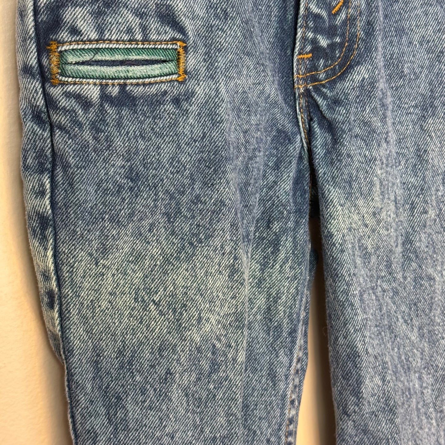 1980s Stone Wash Blue Jeans with Green Denim Accents, Levi’s Size 8, White Tab