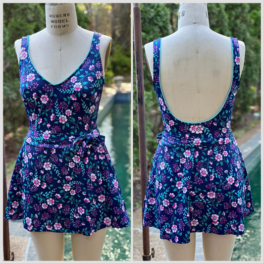 1970s/80s Blue Floral Women’s Swimsuit, Mainstream Size Medium, One Piece with Attached Skirt
