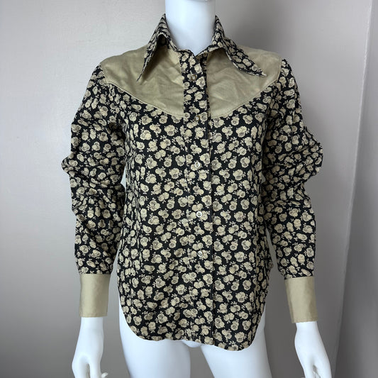 1970s Tan and Black Floral Western Shirt, Handmade Size Small