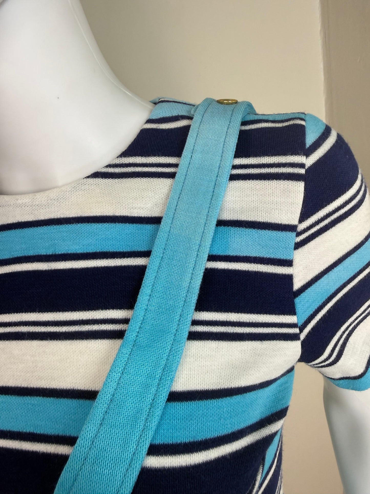 1960s Aqua Blue Mod Mini Dress, Size XS/Small, Faux Overall Jumper, Stripes