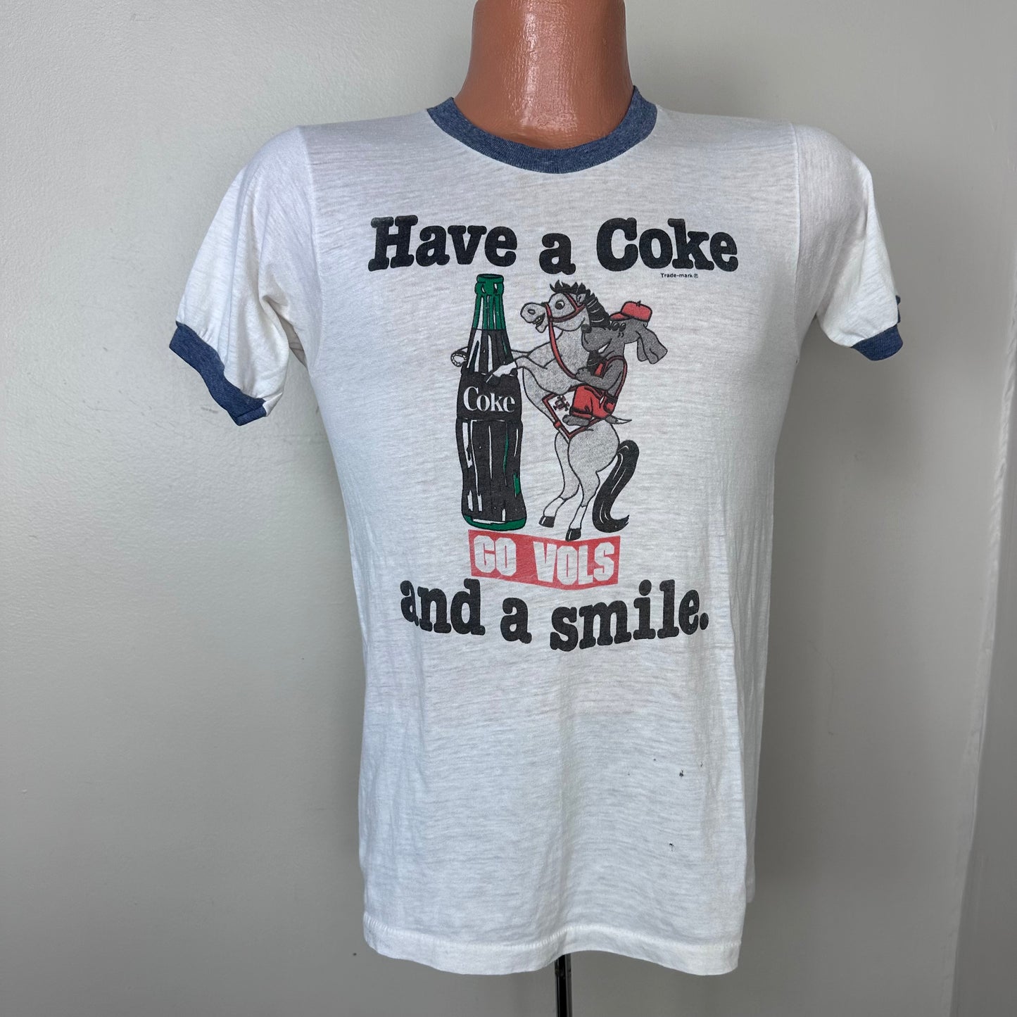 1970s/80s Have a Coke and a Smile Go Vols T-Shirt, Size XS/Small, University of Tennessee, Distressed